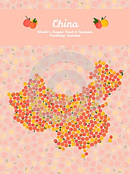 China map poster or card. Peach illustration. Vegetarian postcar