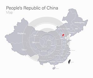 China map, regions and capital city with names, gray on a white background