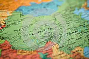 China on a map. Selective focus on label