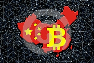 China map silhouette with bitcoin symbols on a black background with a digital grid. China Digital Currency Concept