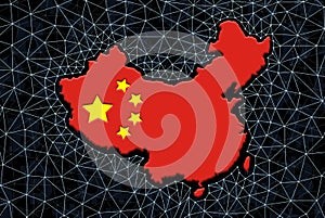 China map silhouette on a black background with a digital grid. China Digital Currency Concept