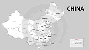 China Map. State and province map of China. Administrative map of China with district and capital in white color