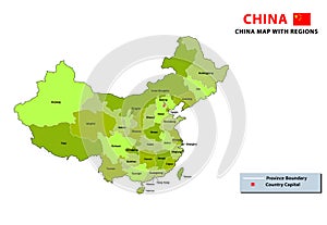 China Map. State and province map of China. Detailed colorful map of China map with green colour