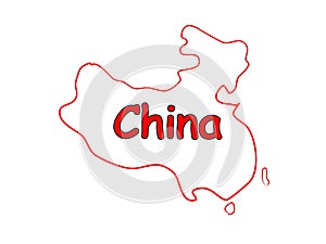 China map, vector. Red country outline, modern illustration geography sketch new