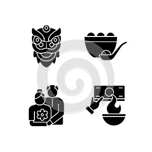 China national holidays black glyph icons set on white space