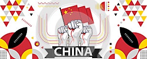 China national or independence day banner for country celebration. China flag with raised fists. Modern retro design with