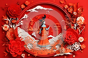 China new year holiday composition in beautiful paper cut style design with Asian woman with flower. Generative by AI