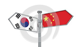 China and North Korea flag sign moving in different direction. 3D Rendering