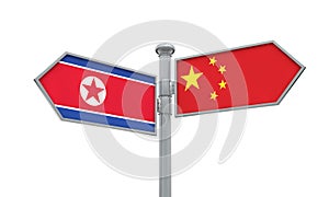 China and North Korea flag sign moving in different direction. 3D Rendering