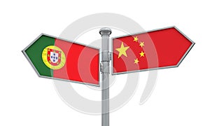 China and Portugal flag sign moving in different direction. 3D Rendering