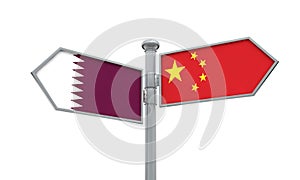 China and Qatar flag sign moving in different direction. 3D Rendering