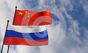 China and Russia flags. Blue sky and flag China and Russia. 3D work and 3D image