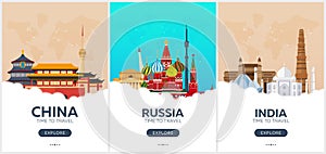 China, Russia, India. Time to travel. Set of Travel posters. Vector flat illustration.