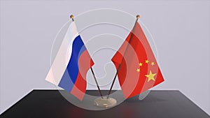 China and Russia national flag, business meeting or diplomacy deal. Politics agreement 3D illustration