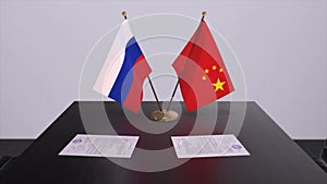 China and Russia national flag, business meeting or diplomacy deal. Politics agreement animation