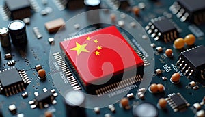 China's flag on a computer chip, symbolizing technology and innovation