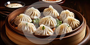 China's national dish, Xiao Long Bao. Dish close-up. Dumplings. Generative AI