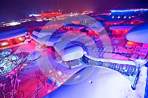 The China`s snow town night view