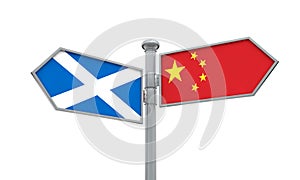 China and Scotland flag sign moving in different direction. 3D Rendering