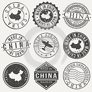 China Set of Stamps. Travel Stamp. Made In Product. Design Seals Old Style Insignia.