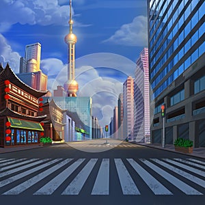 China ShangHai Street Realistic Country City Area Painting Series