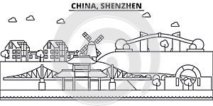 China, Shenzhen architecture line skyline illustration. Linear vector cityscape with famous landmarks, city sights