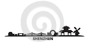 China, Shenzhen city skyline isolated vector illustration. China, Shenzhen travel black cityscape