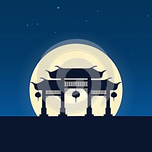 China silhouette of attraction. Travel banner with moon on the night background. Trip to country. Travelling illustration.