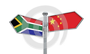 China and South Africa flag sign moving in different direction. 3D Rendering