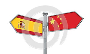 China and Spain flag sign moving in different direction. 3D Rendering