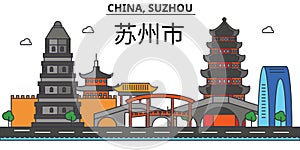 China, Suzhou. City skyline architecture . Editable