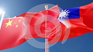 china and taiwan flags waving in the wind against a blue sky. chinese, taiwan national symbols 3d rendering