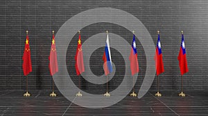 China, Taiwan, Russia flags. Flag China and Flag Taiwan and Flag Russia. Conflict between China vs Taiwan. 3D work and 3D image