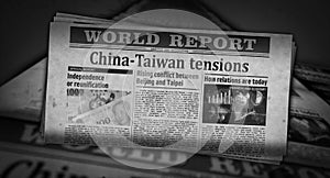 China and Taiwan tensions, conflict and crisis retro newspaper 3d illustration