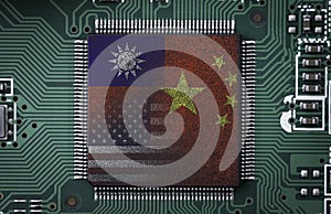 China Taiwan and USA flag print screen to microchip on electronic board for symbol of military conflict war and economic business