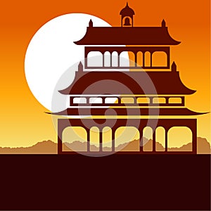 China Temple Silhouette with Sunset in Background Vector Illustration, Editable Artwork