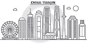 China, Tianjin architecture line skyline illustration. Linear vector cityscape with famous landmarks, city sights