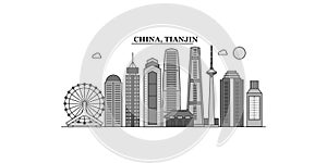 China, Tianjin city skyline isolated vector illustration, icons