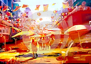 China Town of thailand,digital painting. concept