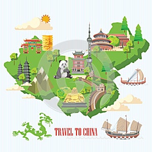 China travel illustration with chinese green map. Chinese set with architecture, food, costumes, traditional symbols. Chinese tex