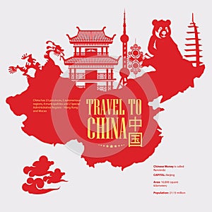 China travel illustration with chinese red map. Chinese set with architecture, food, costumes, traditional symbols. Chinese tex