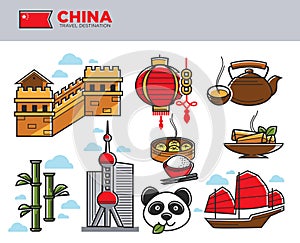 China travel landmarks and Chinese culture famous symbols vector icons set
