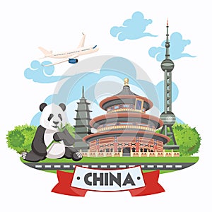 China travel vector illustration. Chinese set with architecture, food, costumes, traditional symbols. Chinese tex