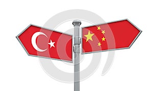 China and Turkey flag sign moving in different direction. 3D Rendering