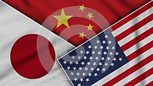 China United States of America Japan Flags Together Fabric Texture Illustration