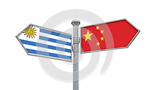 China and Uruguay flag sign moving in different direction. 3D Rendering