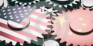 China and US of America flags on metal cogwheels. 3d illustration