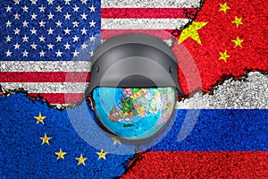 China, USA, Europe, Russian national flags and the World globe with a military helmet