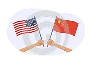 China and USA flags. Chinese and American national symbols with abstract background and geometric shapes.