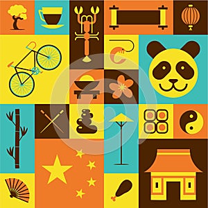 China, vector flat illustration, icon set, travel background